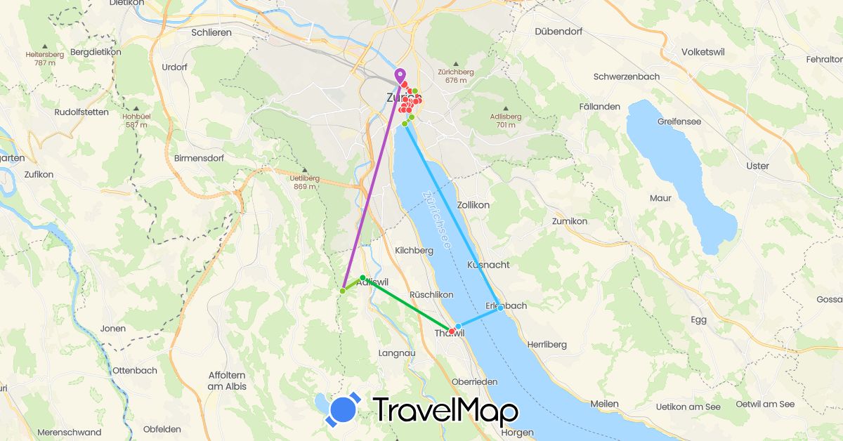 TravelMap itinerary: driving, bus, train, hiking, boat, electric vehicle in Switzerland (Europe)